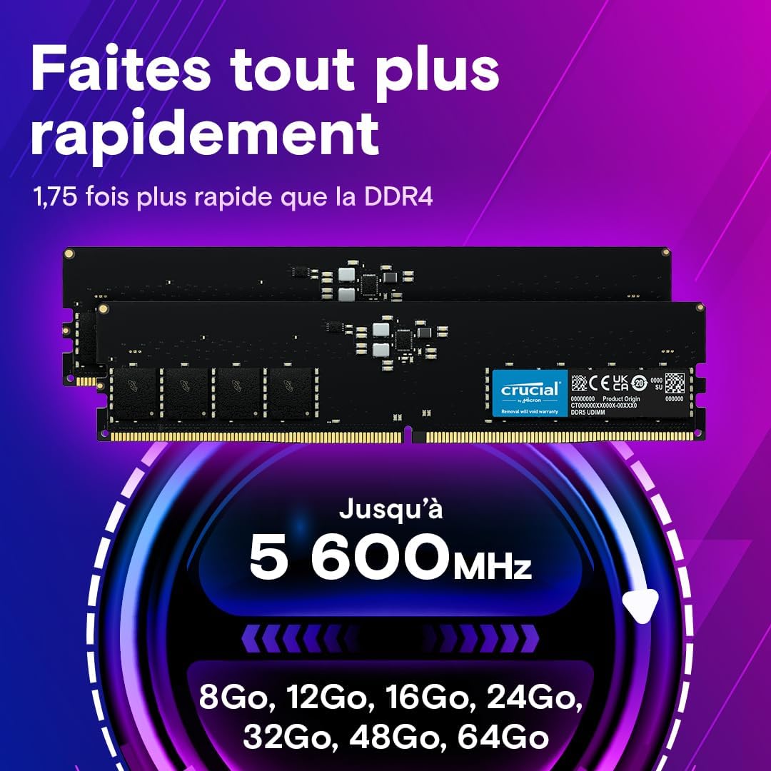 Barrette mémoire 16Go DIMM DDR5 Crucial Classic 5600MHz